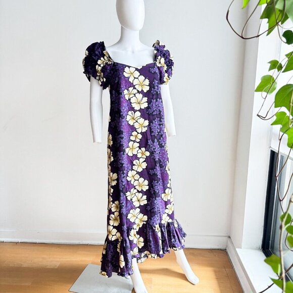 Hilo Hattie Floral Hawaiian Puff Sleeve Midi Dress Purple Ivory S/M - Picture 1 of 7